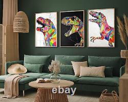 Dinosaur Patchwork Paintings, Set of Three Poster Art Print T-Rex Gift Wood