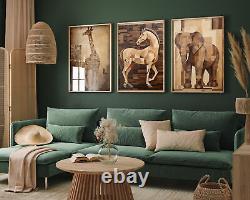 Giraffe, Horse and Elephant Set of Three Art Prints Poster Painting Gift Wood