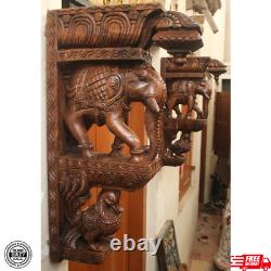 Set of 2 Wooden Wall Bracket Pair Corbel Elephant Statue Home Entrance Décor