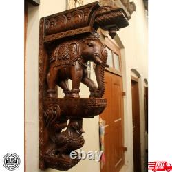 Set of 2 Wooden Wall Bracket Pair Corbel Elephant Statue Home Entrance Décor