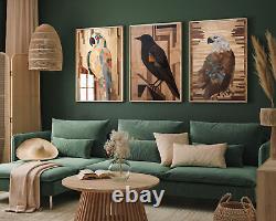 Set of Three Bird Prints, Parrot, Eagle, Blackbird Paintings Art Poster Wood