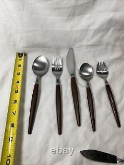 Vintage MCM synthetic Brown Wood Handle Stainless Flatware Spoons Japan 37 Piece