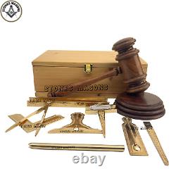 Ensemble d'outils de travail standard maçonnique en or dans une boîte en bois de pin de taille complète avec maillet + plaque