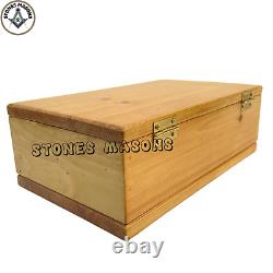 Ensemble d'outils de travail standard maçonnique en or dans une boîte en bois de pin de taille complète avec maillet + plaque