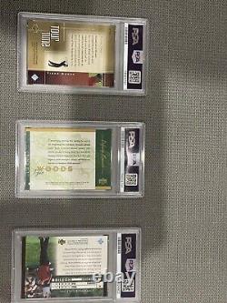 Lot de 3 cartes Tiger Woods rookie de golf Upper Deck 2001 PSA 9 #124 #176 #90